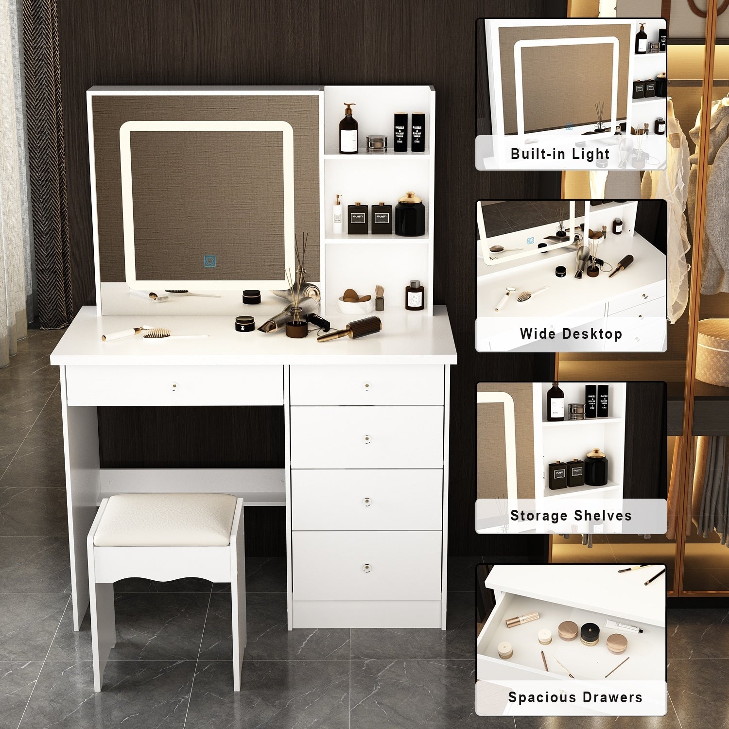Mobiletto da trucco da 39,4'' con sgabello e specchio