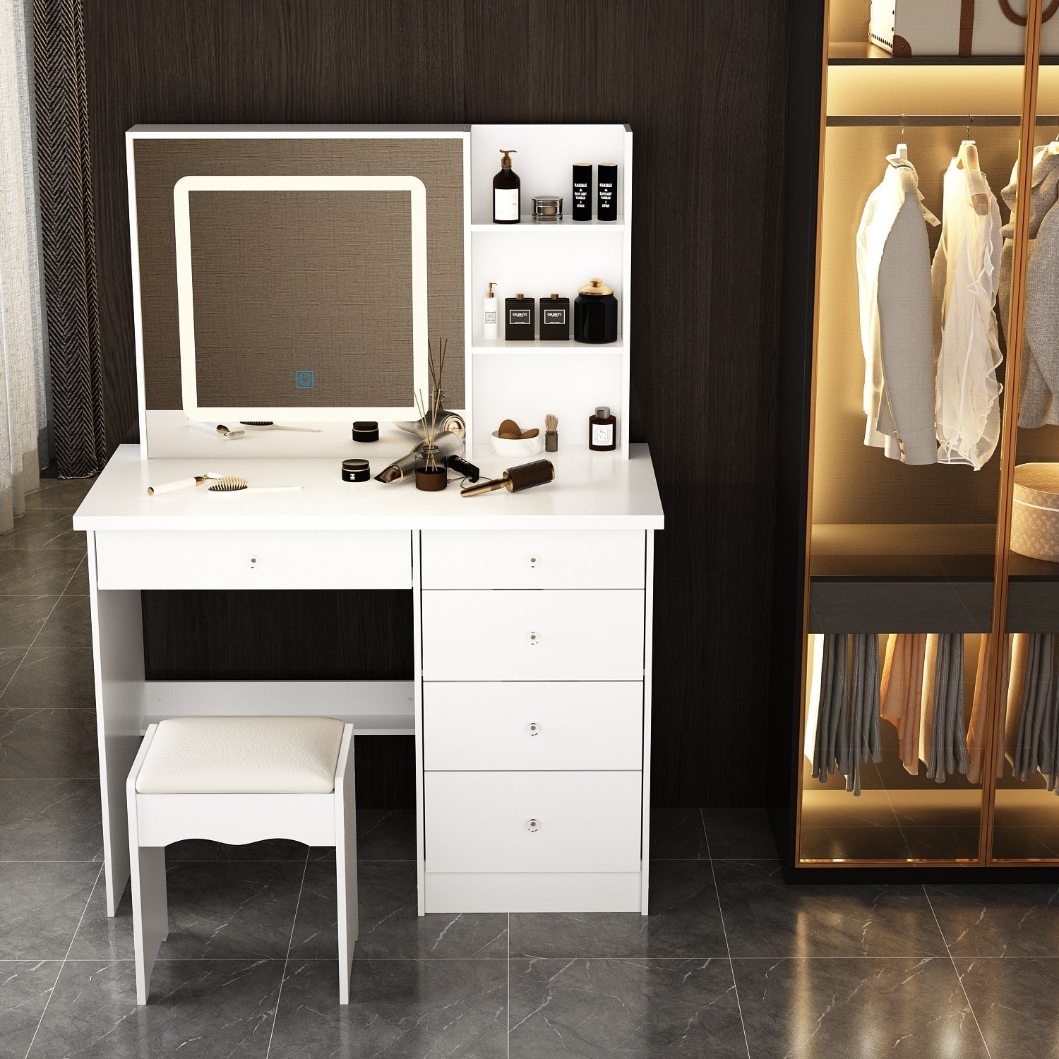 Mobiletto da trucco da 39,4'' con sgabello e specchio