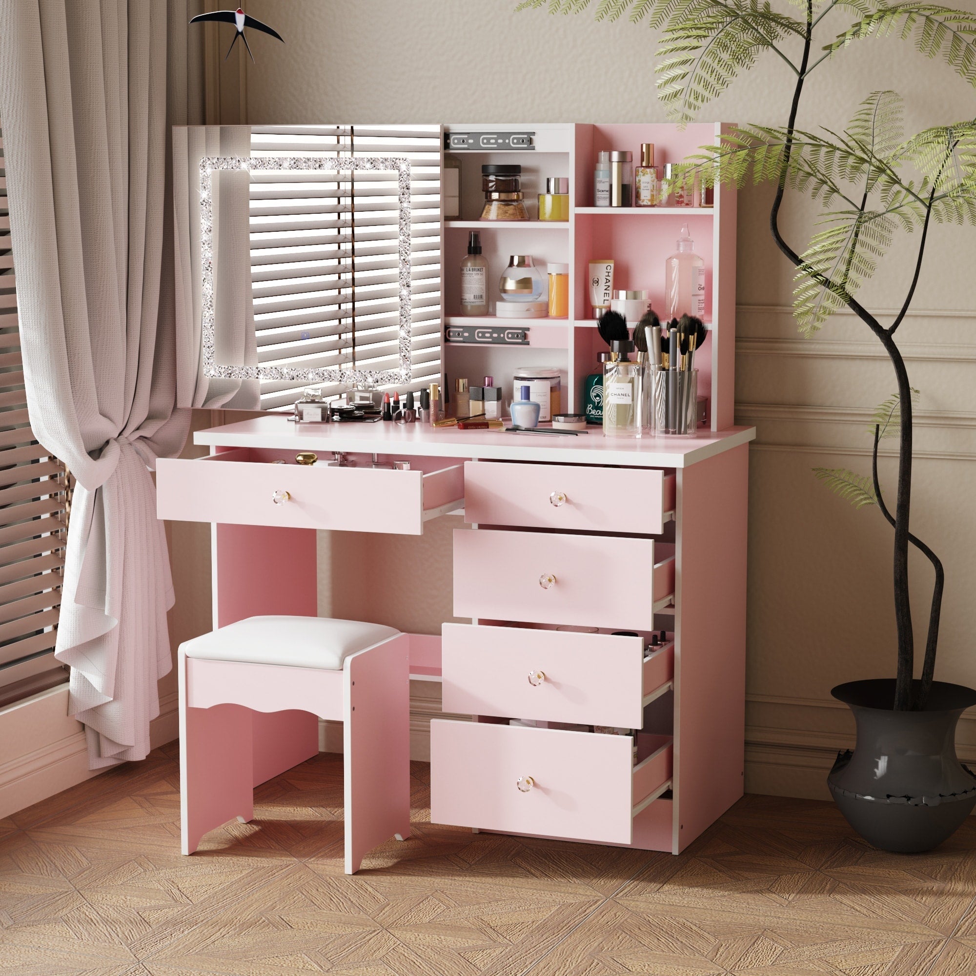 Set da toeletta per il trucco largo 39,4'' con sgabello e specchio