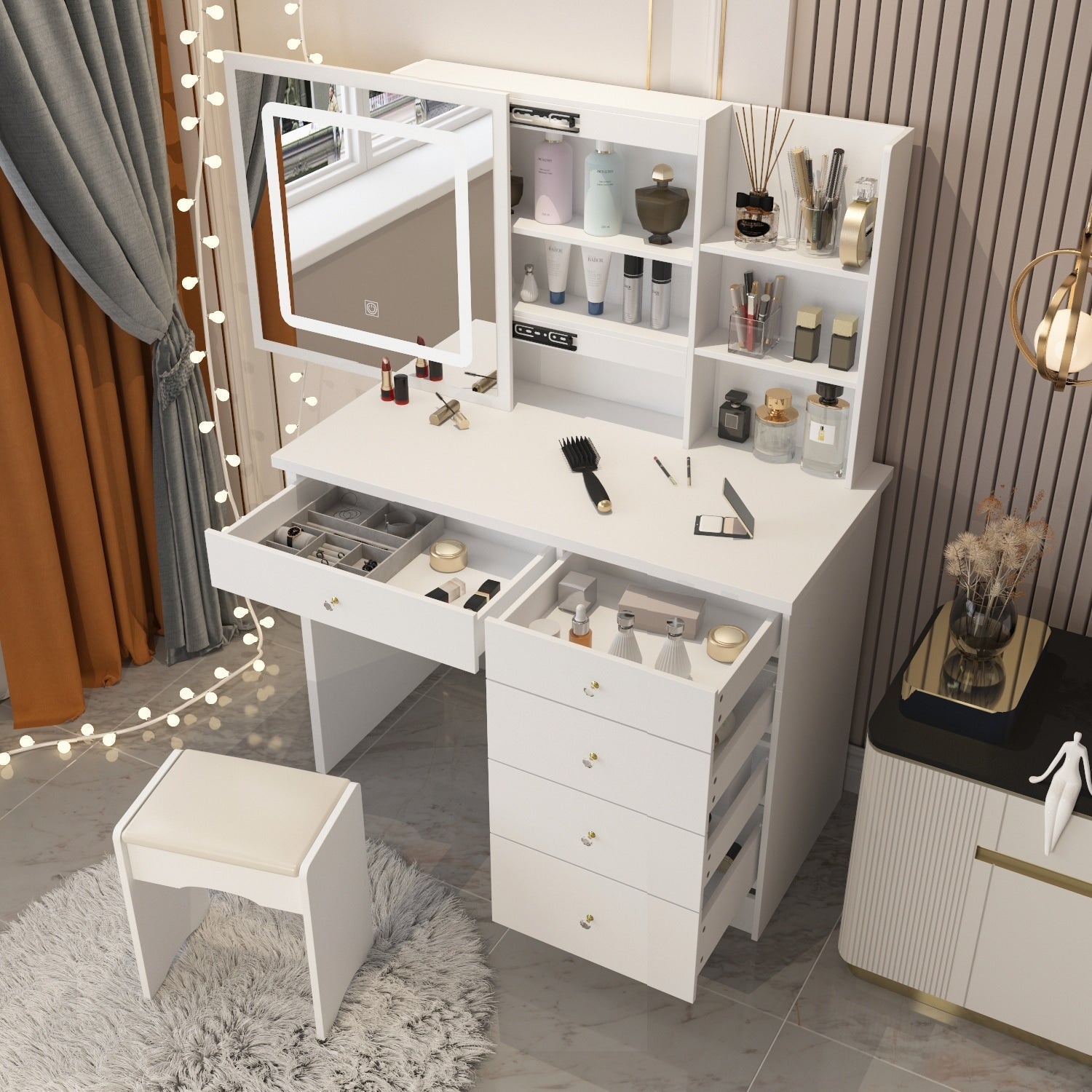 Set da toeletta per il trucco largo 39,4'' con sgabello e specchio