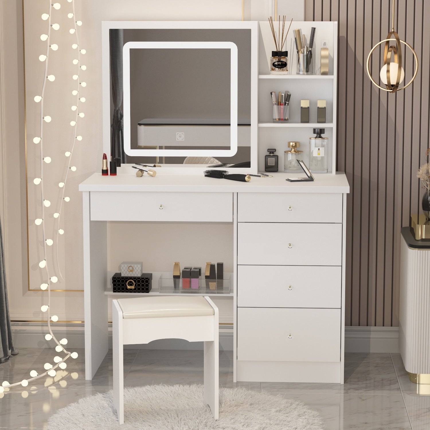 Set da toeletta per il trucco largo 39,4'' con sgabello e specchio