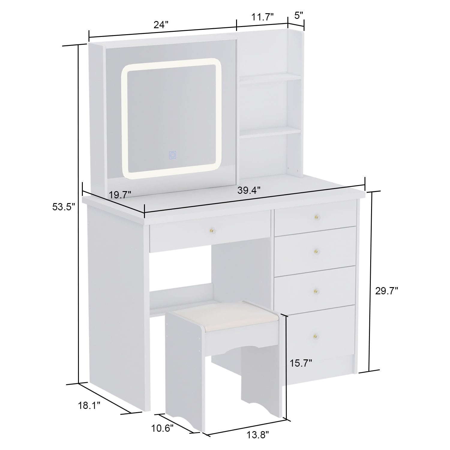 Mobiletto da trucco da 39,4'' con sgabello e specchio