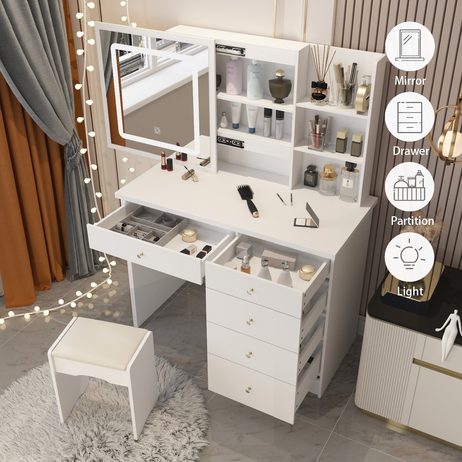 Set da toeletta per il trucco largo 39,4'' con sgabello e specchio