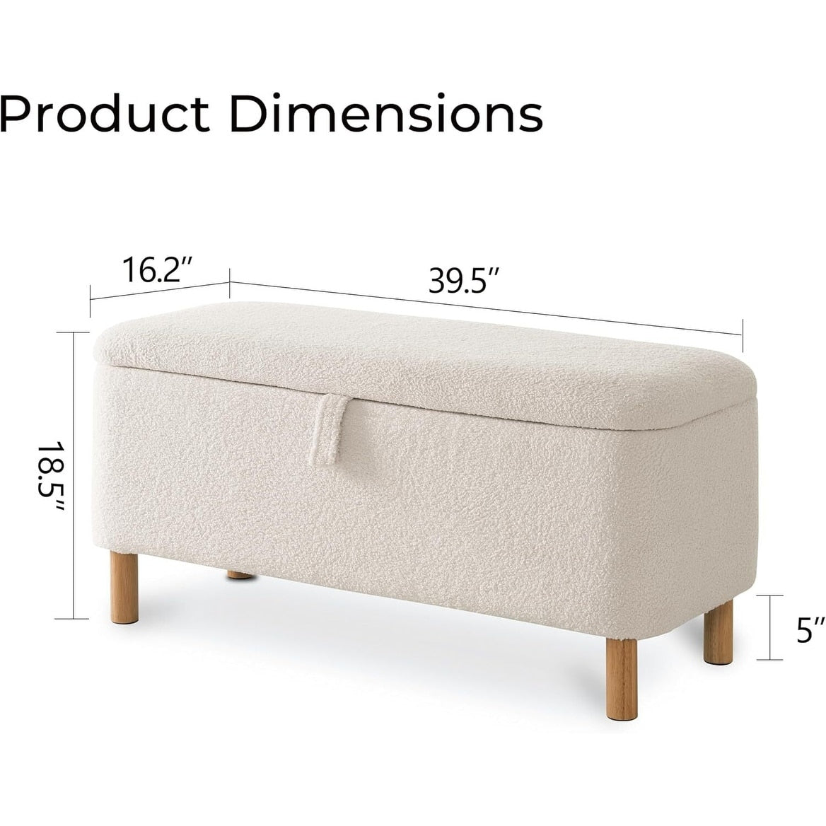 39,5 Panca contenitore Boucle bianco sporco, panca contenitore Sherpa, poggiapiedi per letto, per soggiorno, camera da letto, gambe in legno