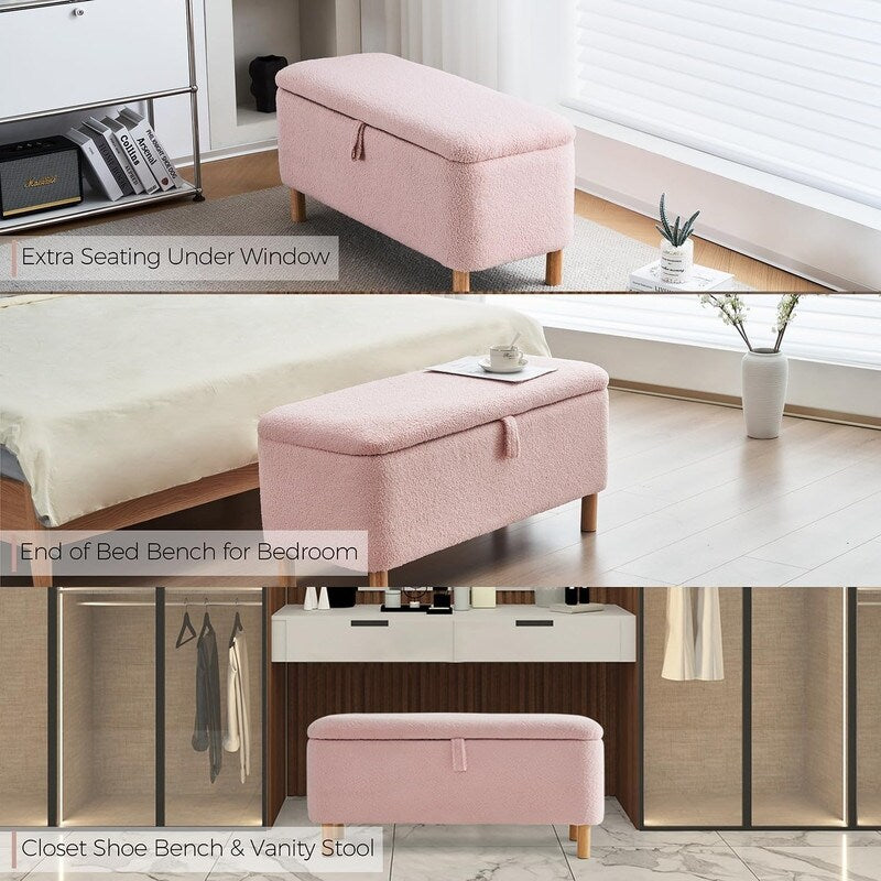 39,5 Panca contenitore Boucle bianco sporco, panca contenitore Sherpa, poggiapiedi per letto, per soggiorno, camera da letto, gambe in legno