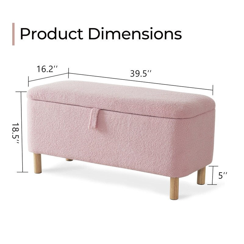 39,5 Panca contenitore Boucle bianco sporco, panca contenitore Sherpa, poggiapiedi per letto, per soggiorno, camera da letto, gambe in legno