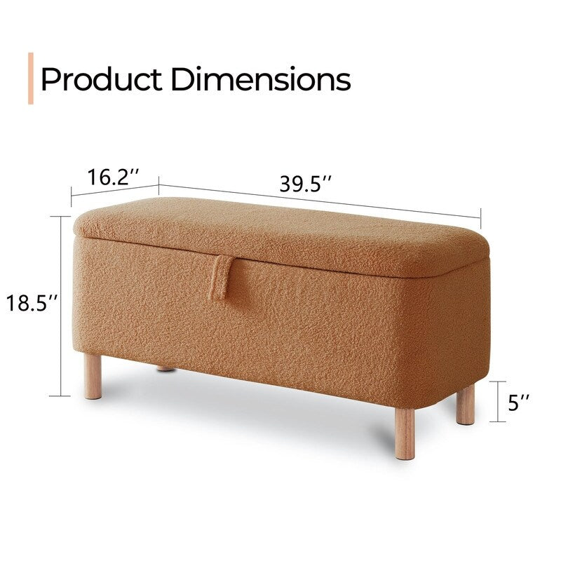 39,5 Panca contenitore Boucle bianco sporco, panca contenitore Sherpa, poggiapiedi per letto, per soggiorno, camera da letto, gambe in legno