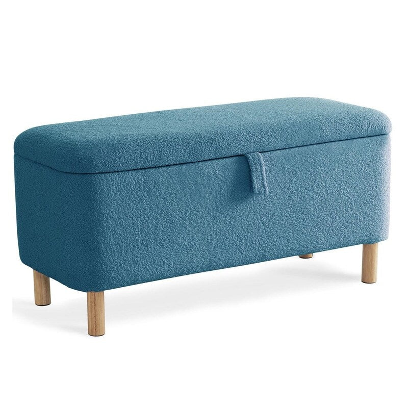 39,5 Panca contenitore Boucle bianco sporco, panca contenitore Sherpa, poggiapiedi per letto, per soggiorno, camera da letto, gambe in legno