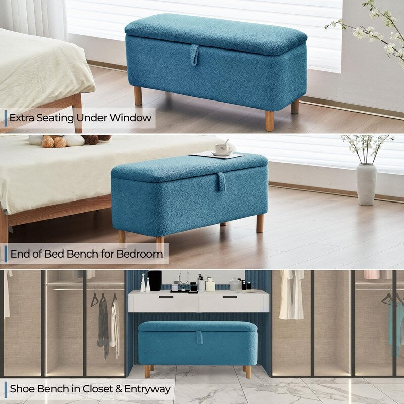 39,5 Panca contenitore Boucle bianco sporco, panca contenitore Sherpa, poggiapiedi per letto, per soggiorno, camera da letto, gambe in legno