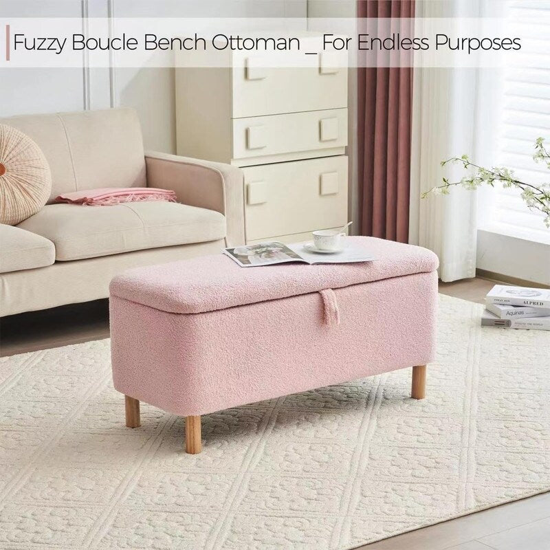 39,5 Panca contenitore Boucle bianco sporco, panca contenitore Sherpa, poggiapiedi per letto, per soggiorno, camera da letto, gambe in legno