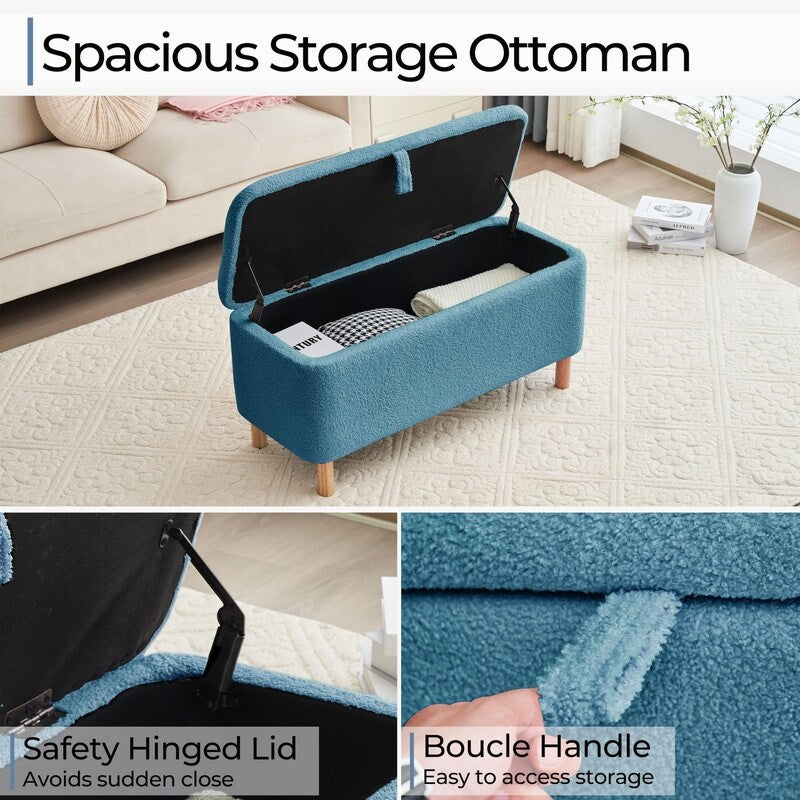 39,5 Panca contenitore Boucle bianco sporco, panca contenitore Sherpa, poggiapiedi per letto, per soggiorno, camera da letto, gambe in legno