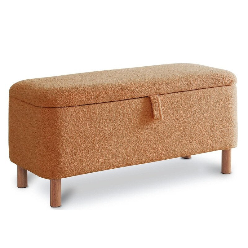 39,5 Panca contenitore Boucle bianco sporco, panca contenitore Sherpa, poggiapiedi per letto, per soggiorno, camera da letto, gambe in legno