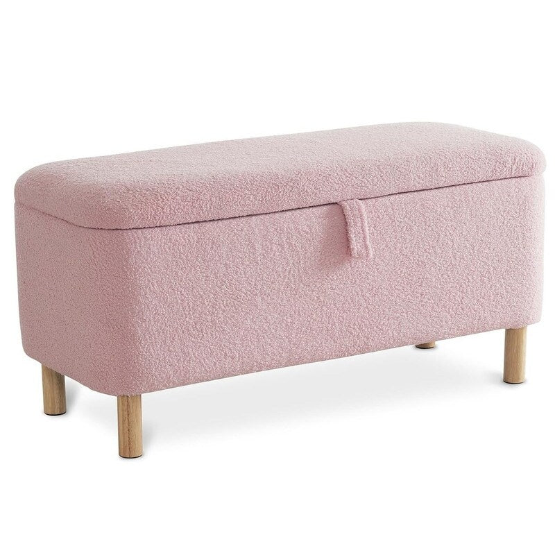 39,5 Panca contenitore Boucle bianco sporco, panca contenitore Sherpa, poggiapiedi per letto, per soggiorno, camera da letto, gambe in legno