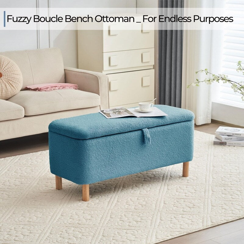 39,5 Panca contenitore Boucle bianco sporco, panca contenitore Sherpa, poggiapiedi per letto, per soggiorno, camera da letto, gambe in legno