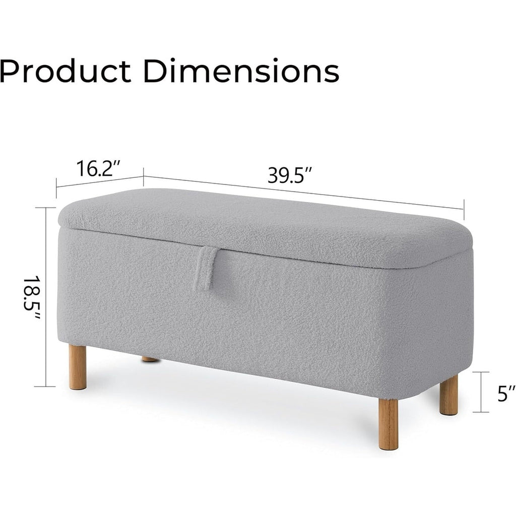 39,5 Panca contenitore Boucle bianco sporco, panca contenitore Sherpa, poggiapiedi per letto, per soggiorno, camera da letto, gambe in legno