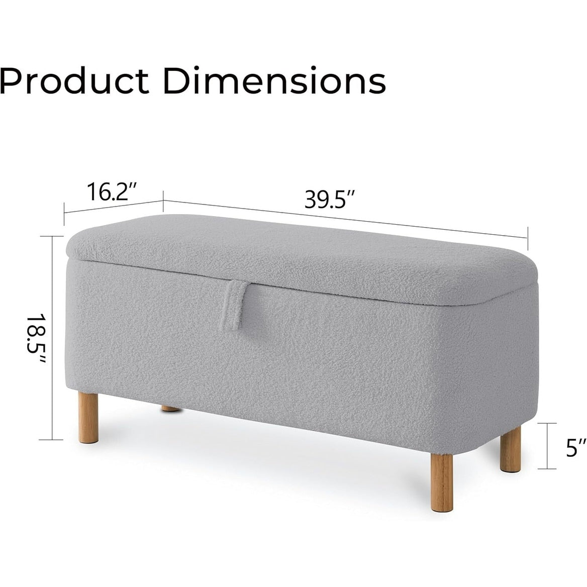 39,5 Panca contenitore Boucle bianco sporco, panca contenitore Sherpa, poggiapiedi per letto, per soggiorno, camera da letto, gambe in legno