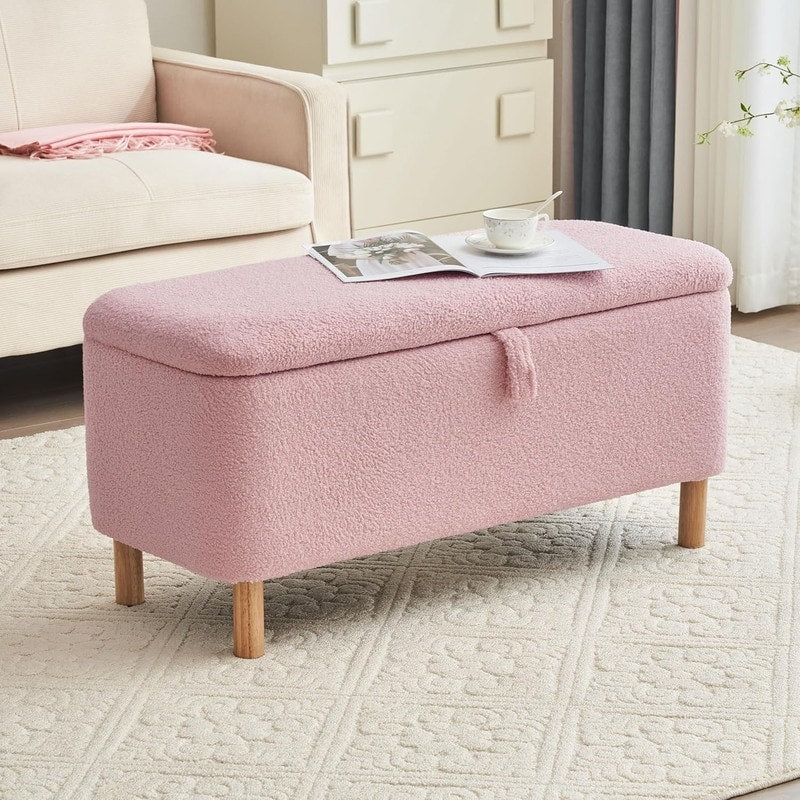 39,5 Panca contenitore Boucle bianco sporco, panca contenitore Sherpa, poggiapiedi per letto, per soggiorno, camera da letto, gambe in legno