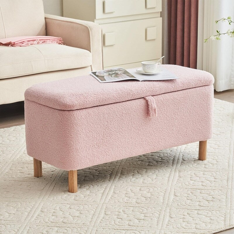 39,5 Panca contenitore Boucle bianco sporco, panca contenitore Sherpa, poggiapiedi per letto, per soggiorno, camera da letto, gambe in legno