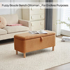 39,5 Panca contenitore Boucle bianco sporco, panca contenitore Sherpa, poggiapiedi per letto, per soggiorno, camera da letto, gambe in legno