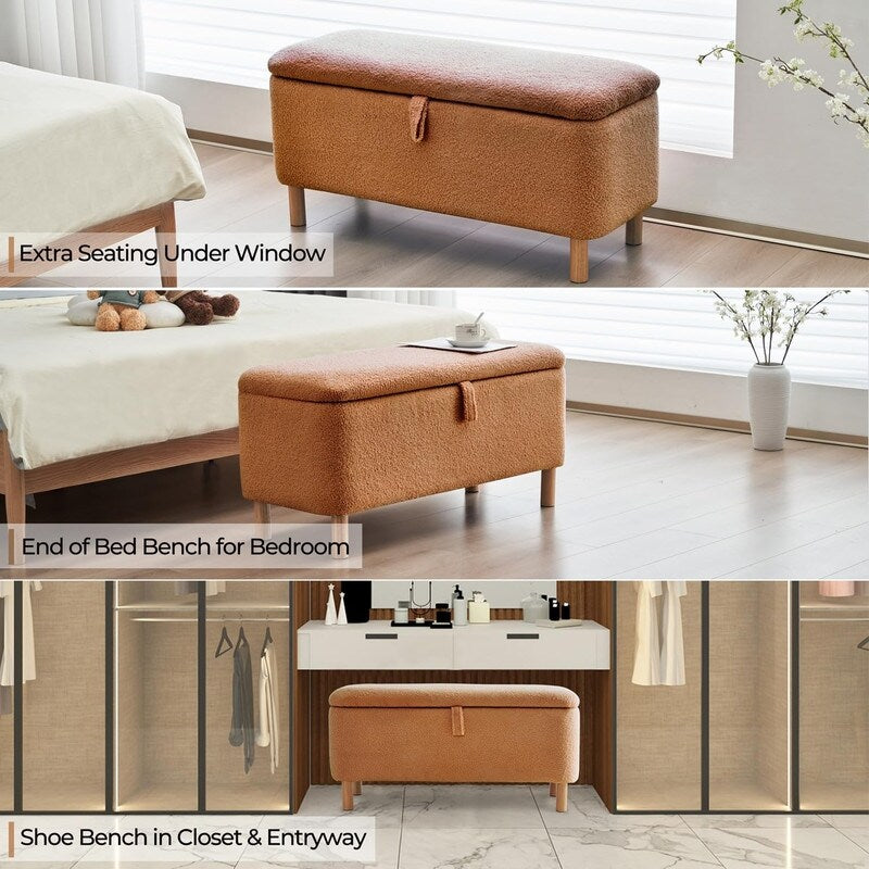 39,5 Panca contenitore Boucle bianco sporco, panca contenitore Sherpa, poggiapiedi per letto, per soggiorno, camera da letto, gambe in legno