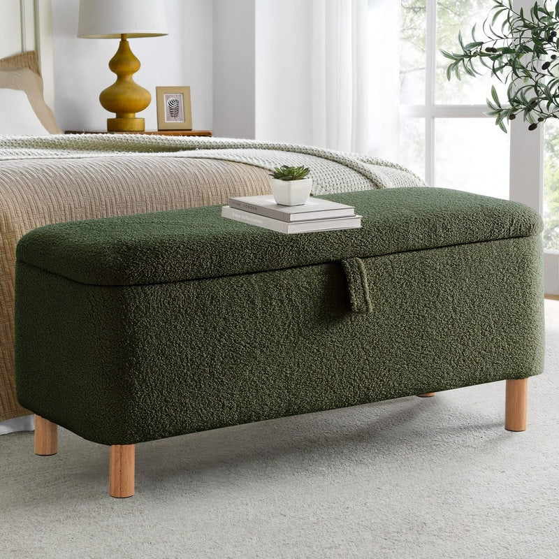 39,5 Panca contenitore Boucle bianco sporco, panca contenitore Sherpa, poggiapiedi per letto, per soggiorno, camera da letto, gambe in legno