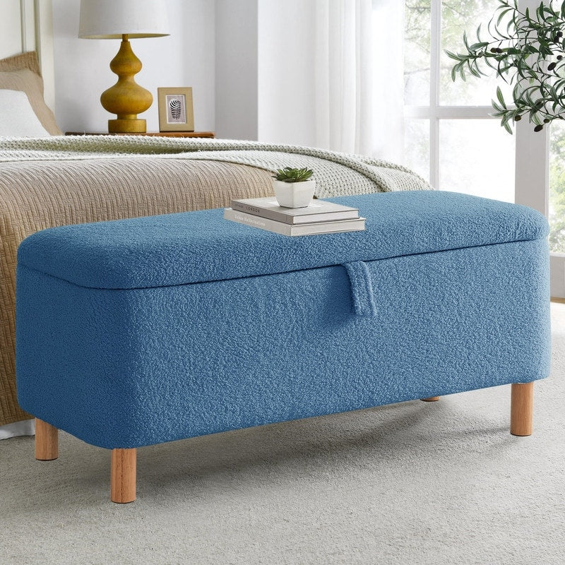 39,5 Panca contenitore Boucle bianco sporco, panca contenitore Sherpa, poggiapiedi per letto, per soggiorno, camera da letto, gambe in legno