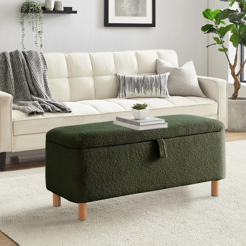 39,5 Panca contenitore Boucle bianco sporco, panca contenitore Sherpa, poggiapiedi per letto, per soggiorno, camera da letto, gambe in legno