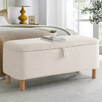 39,5 Panca contenitore Boucle bianco sporco, panca contenitore Sherpa, poggiapiedi per letto, per soggiorno, camera da letto, gambe in legno