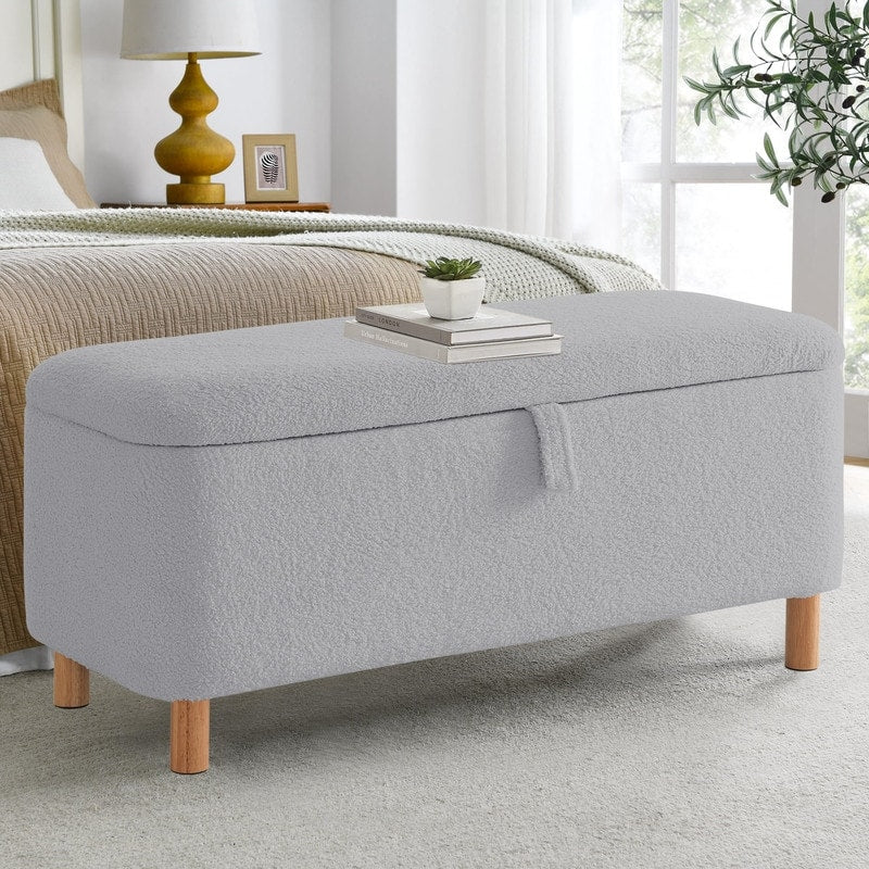 39,5 Panca contenitore Boucle bianco sporco, panca contenitore Sherpa, poggiapiedi per letto, per soggiorno, camera da letto, gambe in legno