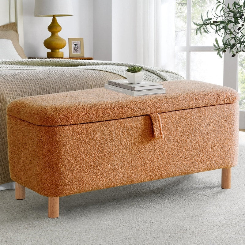 39,5 Panca contenitore Boucle bianco sporco, panca contenitore Sherpa, poggiapiedi per letto, per soggiorno, camera da letto, gambe in legno