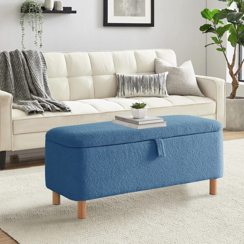 39,5 Panca contenitore Boucle bianco sporco, panca contenitore Sherpa, poggiapiedi per letto, per soggiorno, camera da letto, gambe in legno