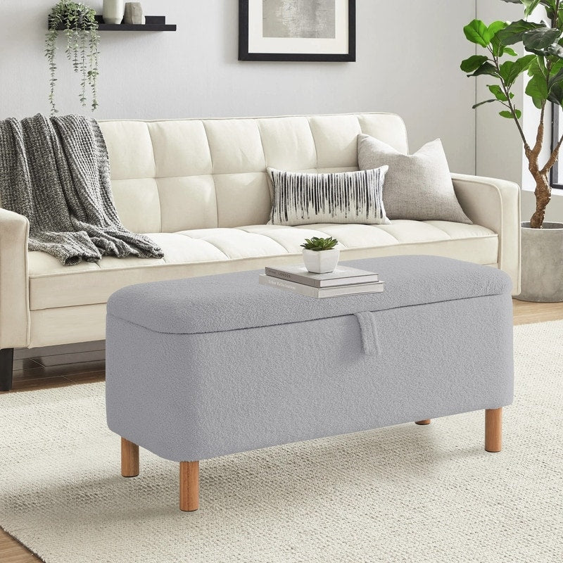 39,5 Panca contenitore Boucle bianco sporco, panca contenitore Sherpa, poggiapiedi per letto, per soggiorno, camera da letto, gambe in legno