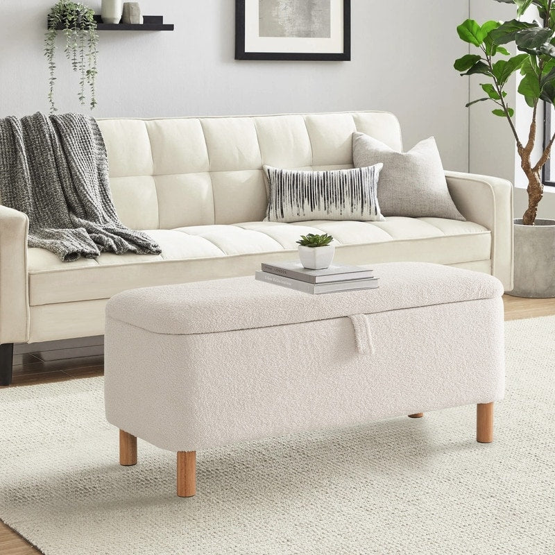 39,5 Panca contenitore Boucle bianco sporco, panca contenitore Sherpa, poggiapiedi per letto, per soggiorno, camera da letto, gambe in legno