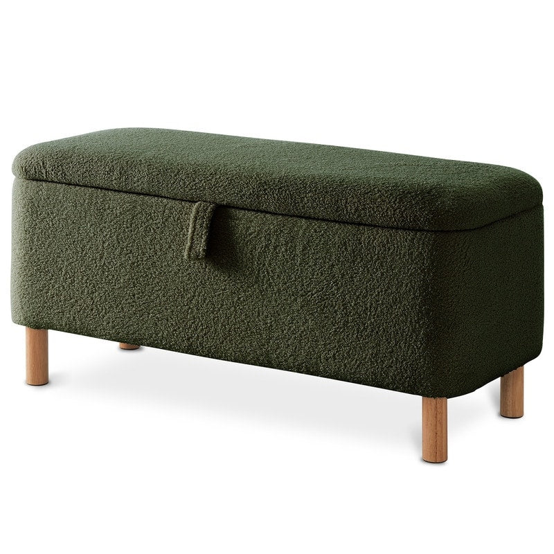 39,5 Panca contenitore Boucle bianco sporco, panca contenitore Sherpa, poggiapiedi per letto, per soggiorno, camera da letto, gambe in legno