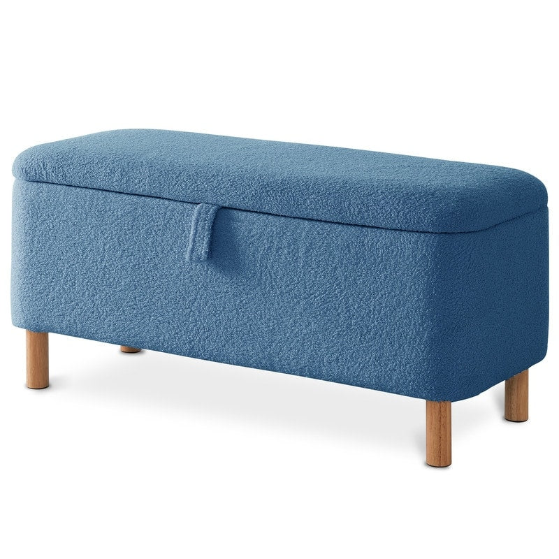 39,5 Panca contenitore Boucle bianco sporco, panca contenitore Sherpa, poggiapiedi per letto, per soggiorno, camera da letto, gambe in legno