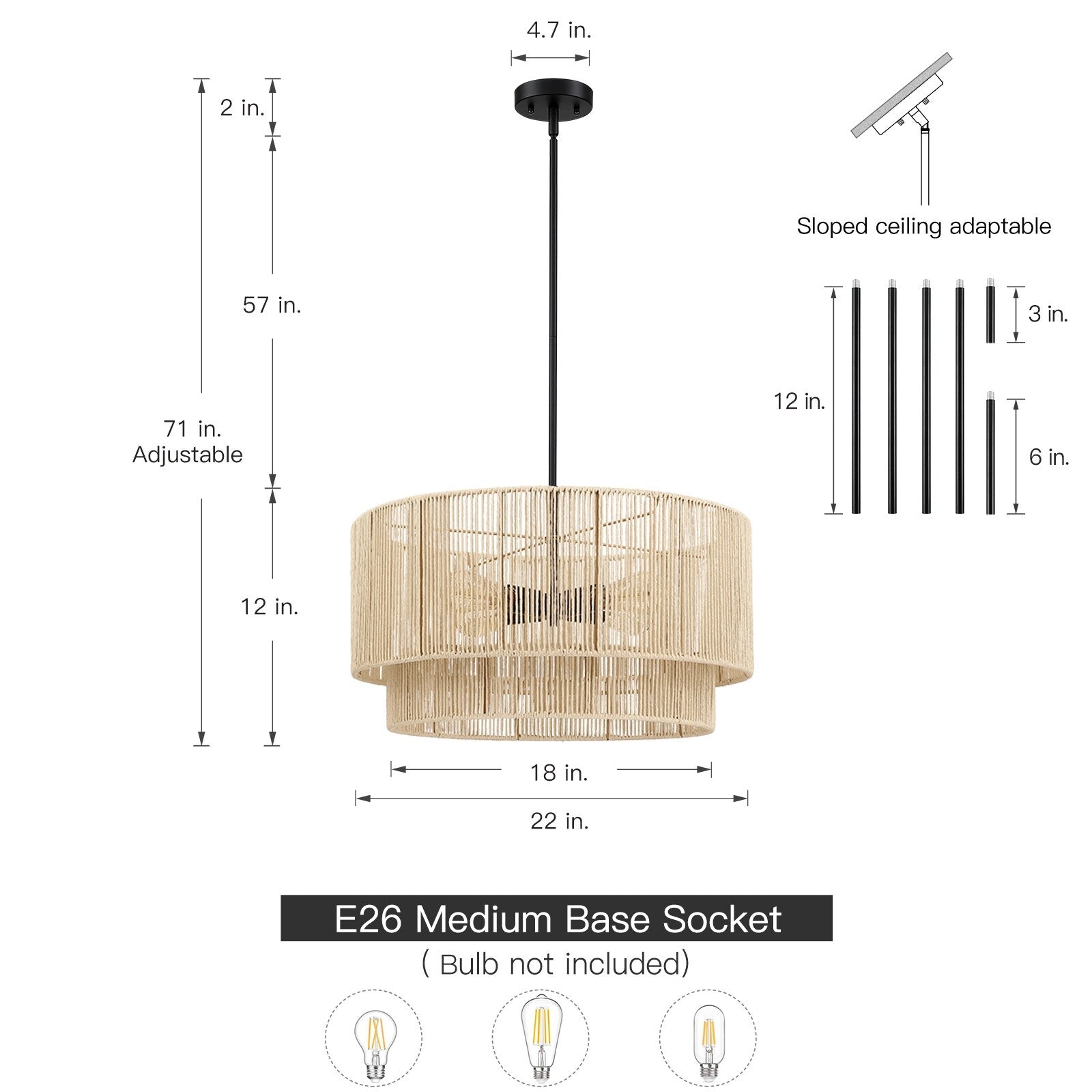 Lampadario a tamburo a 4 luci in rattan con baldacchino nero - 22'' W