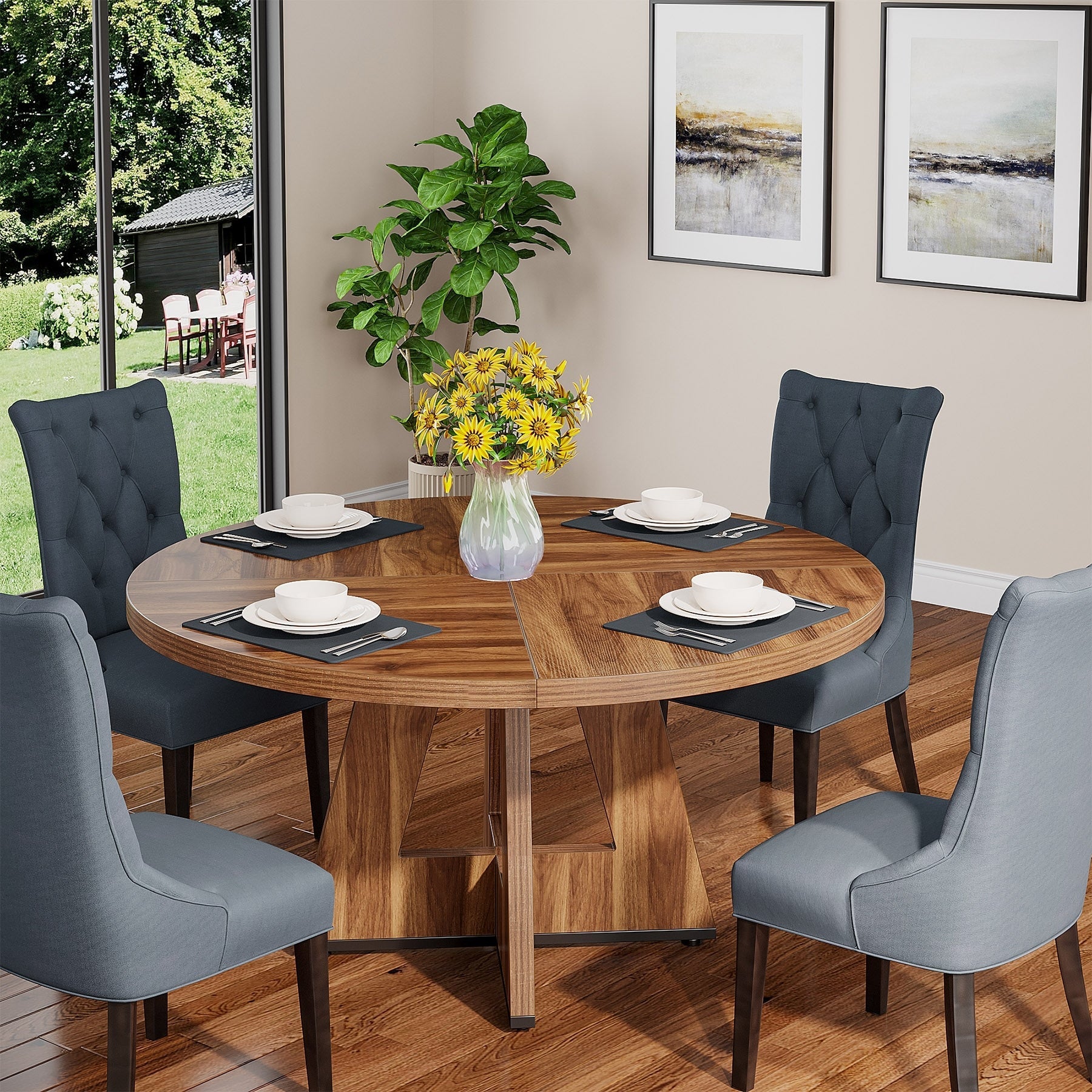 Tavolo da pranzo rotondo da 47 pollici per 4 persone, tavolo da cucina in stile rustico, piccolo tavolo da pranzo, tavolo da cucina in legno per sala da pranzo e soggiorno
