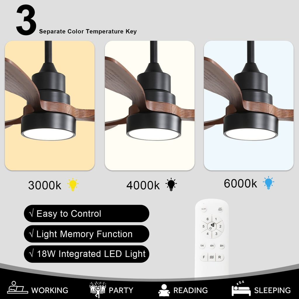 Ventilatore da soffitto a LED integrato da 48 e 52 pollici con luce e telecomando, motore CC reversibile