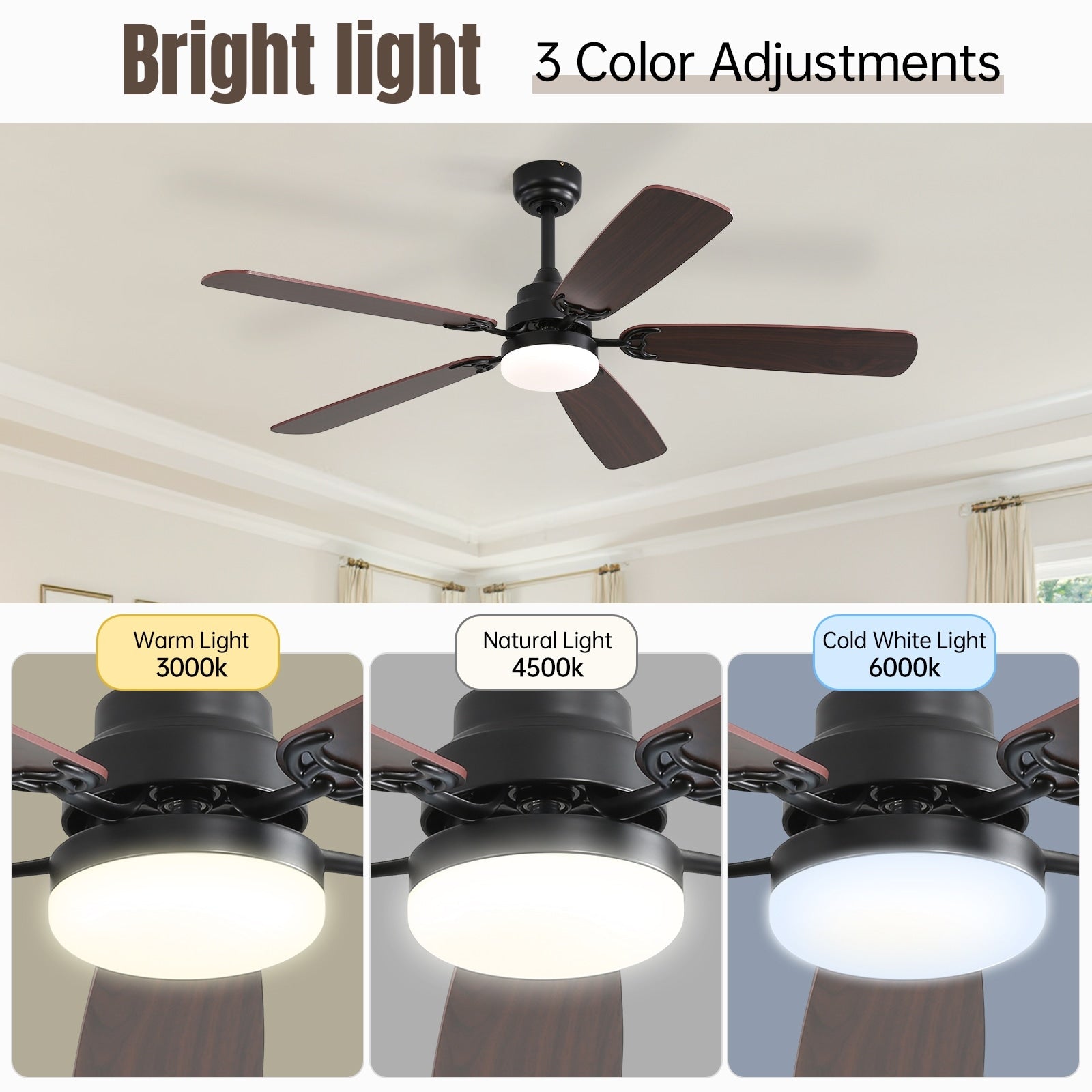 Ventilatore da soffitto a LED integrato da 48 e 52 pollici con luce e telecomando, motore CC reversibile
