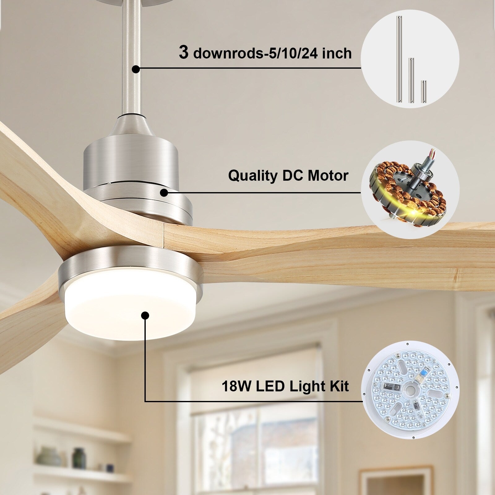Ventilatore da soffitto a LED integrato da 48 e 52 pollici con luce e telecomando, motore CC reversibile