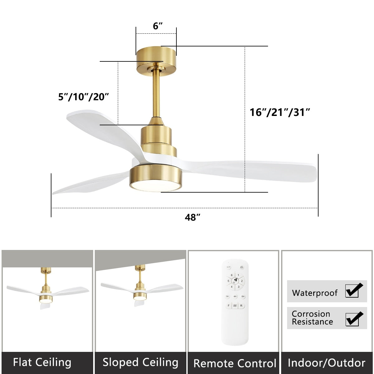 Ventilatore da soffitto a LED integrato da 48 e 52 pollici con luce e telecomando, motore CC reversibile