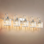 Lampada da bagno lineare Glam a 5 luci dimmerabile in cristallo con paralume cilindrico in cristallo