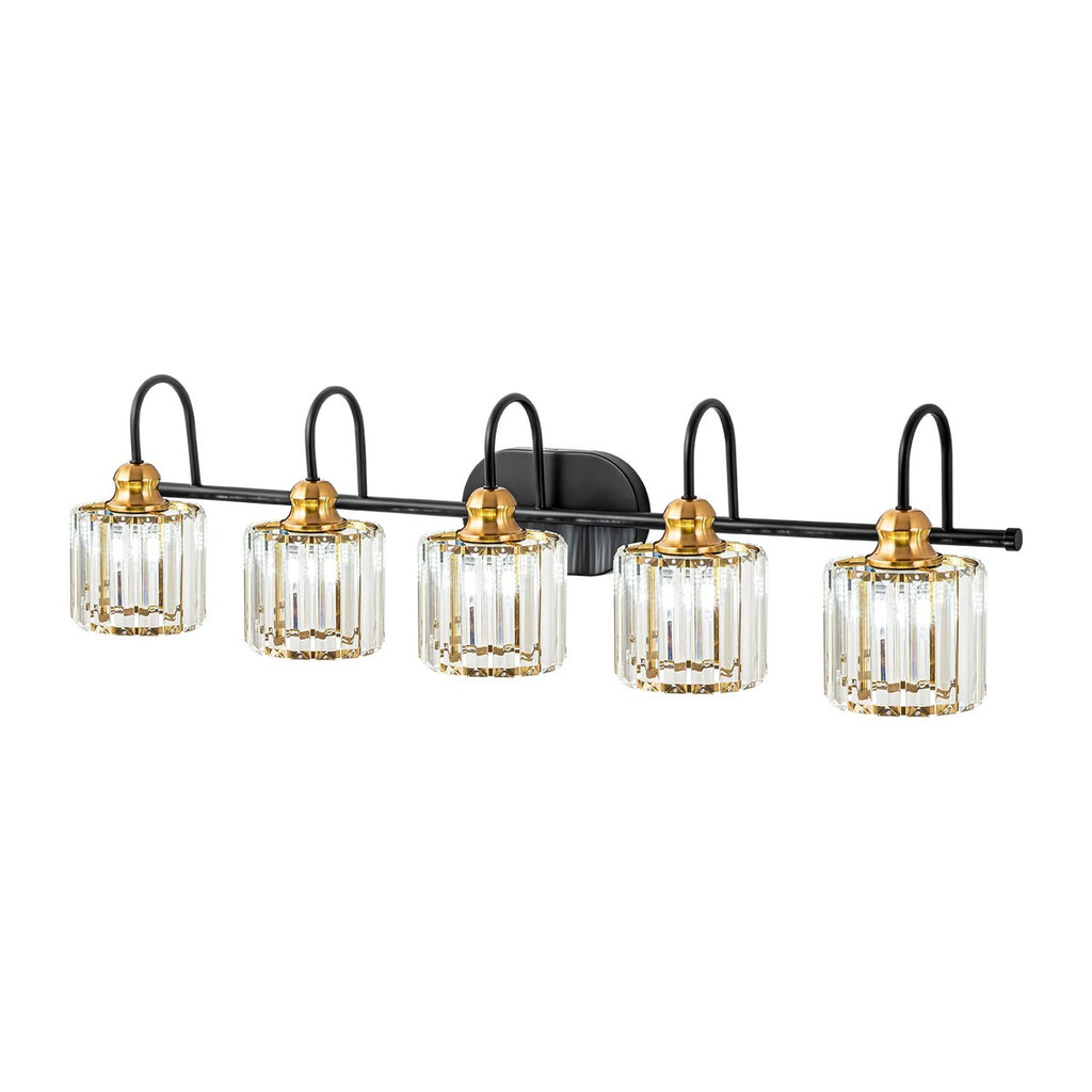 Lampada da bagno lineare Glam a 5 luci dimmerabile in cristallo con paralume cilindrico in cristallo