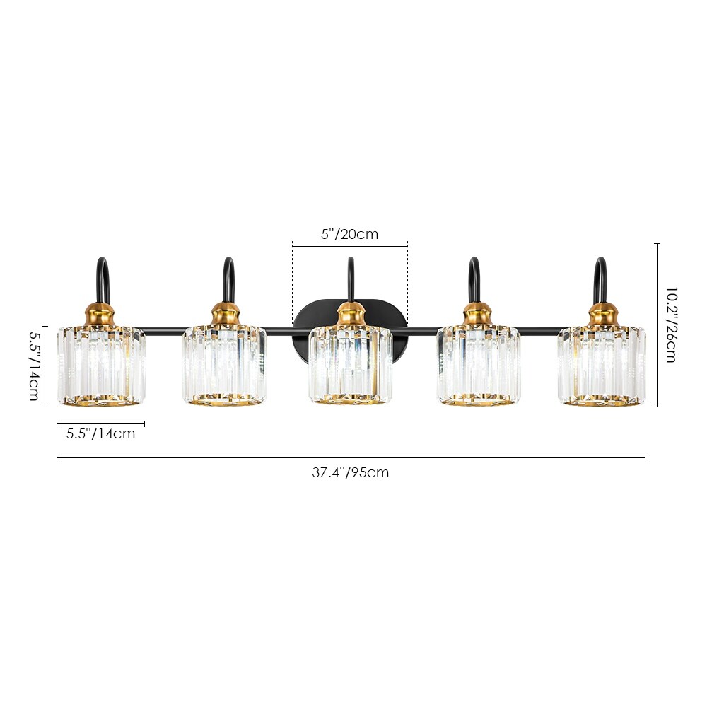 Lampada da bagno lineare Glam a 5 luci dimmerabile in cristallo con paralume cilindrico in cristallo