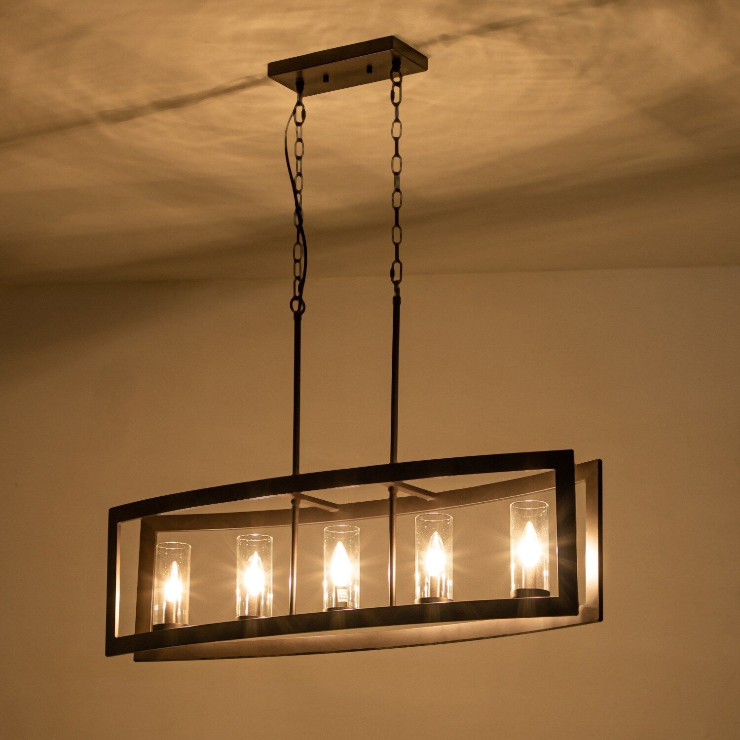 Lampadario lineare industriale moderno a 5 luci per sala da pranzo, lampadario cilindrico in vetro trasparente, luci per isola cucina