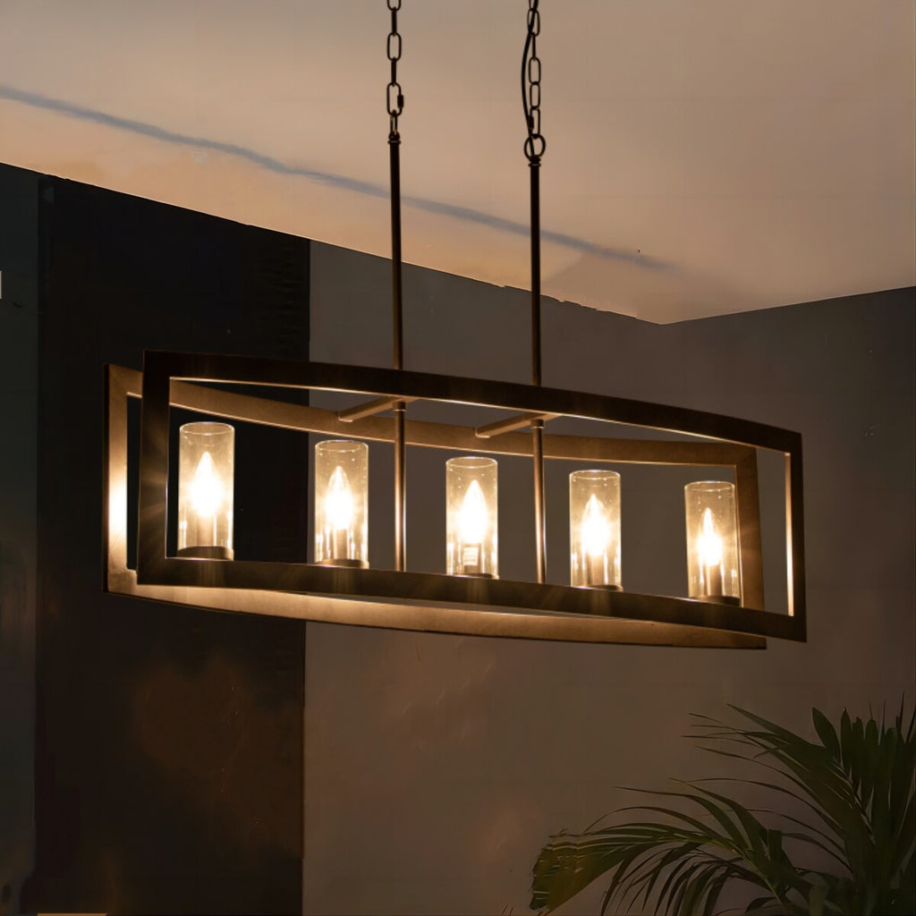 Lampadario rettangolare vintage in vetro a 5 luci, in stile industriale moderno di metà secolo, per isola da cucina