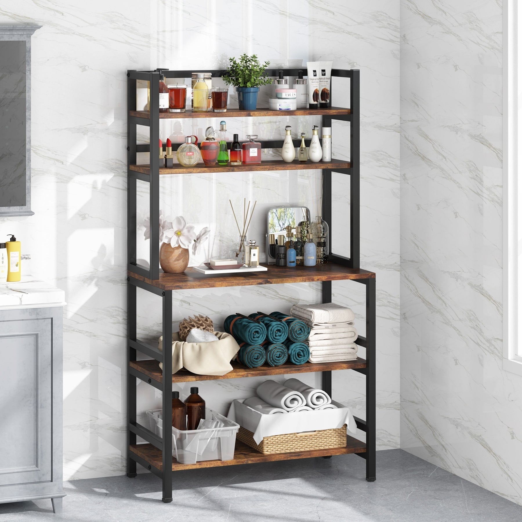 Scaffale da cucina a 5 ripiani, scaffale portaoggetti per forno a microonde, carrello da cucina industriale con portaoggetti