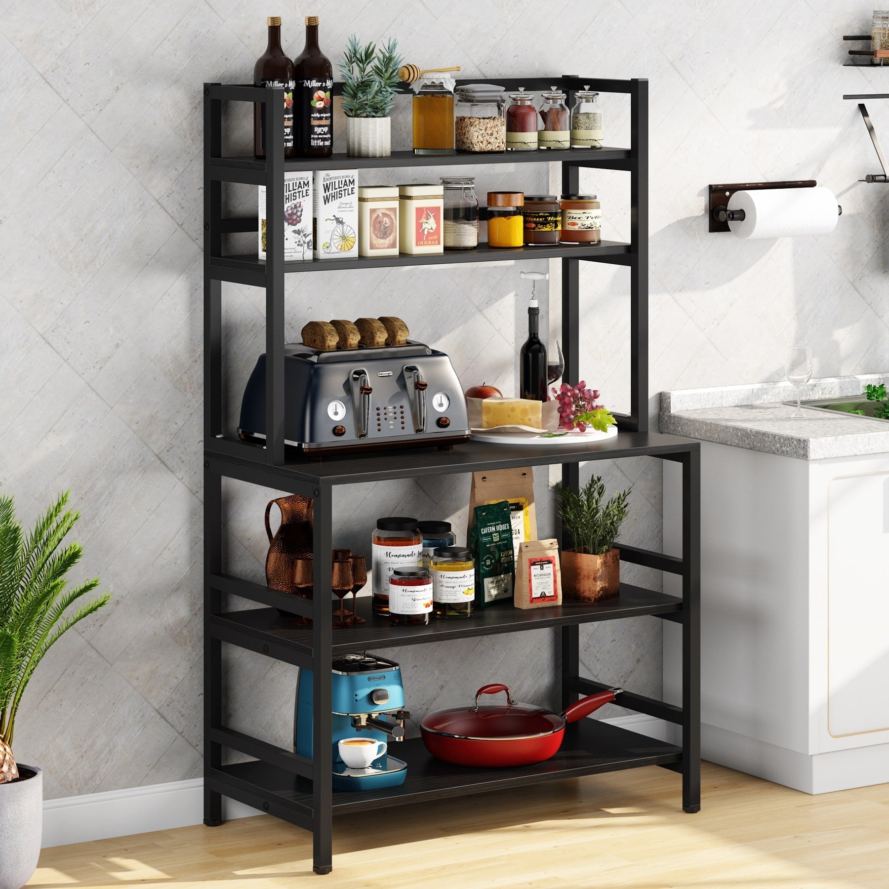 Scaffale da cucina a 5 ripiani, scaffale portaoggetti per forno a microonde, carrello da cucina industriale con portaoggetti