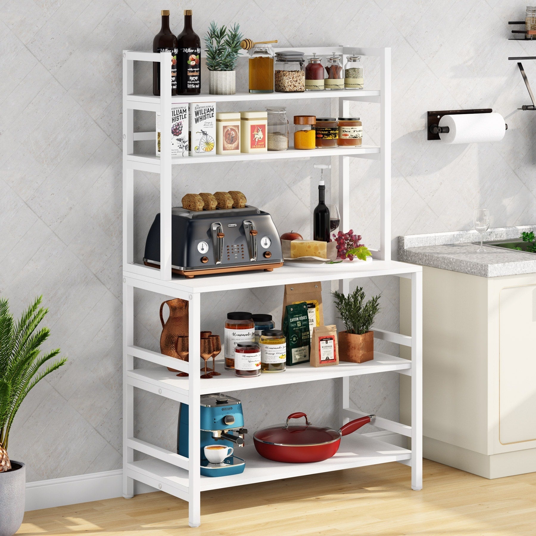 Scaffale da cucina a 5 ripiani, scaffale portaoggetti per forno a microonde, carrello da cucina industriale con portaoggetti