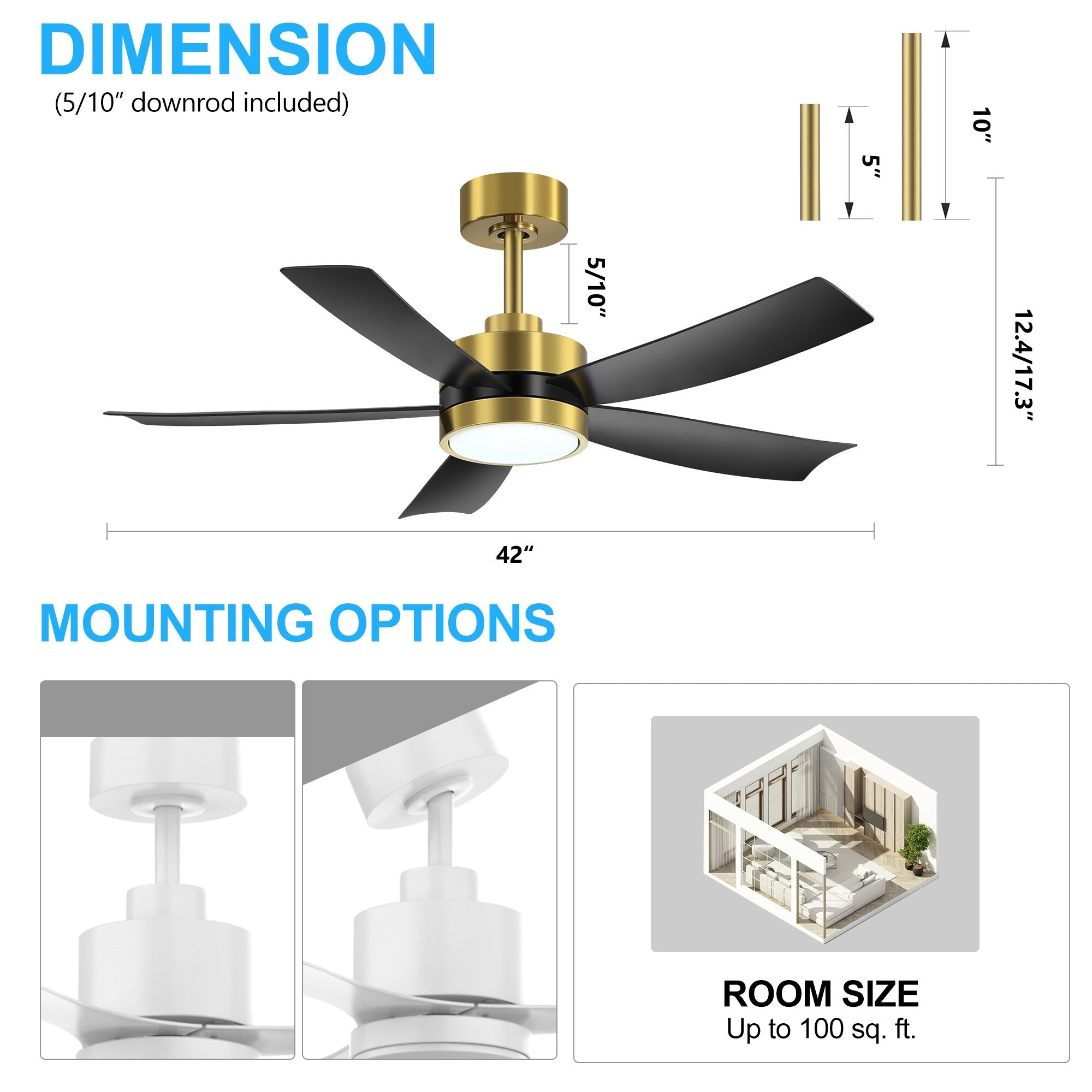 Ventilatore da soffitto a LED Breezary 65/52/42 a 5 pale con kit luci e telecomando